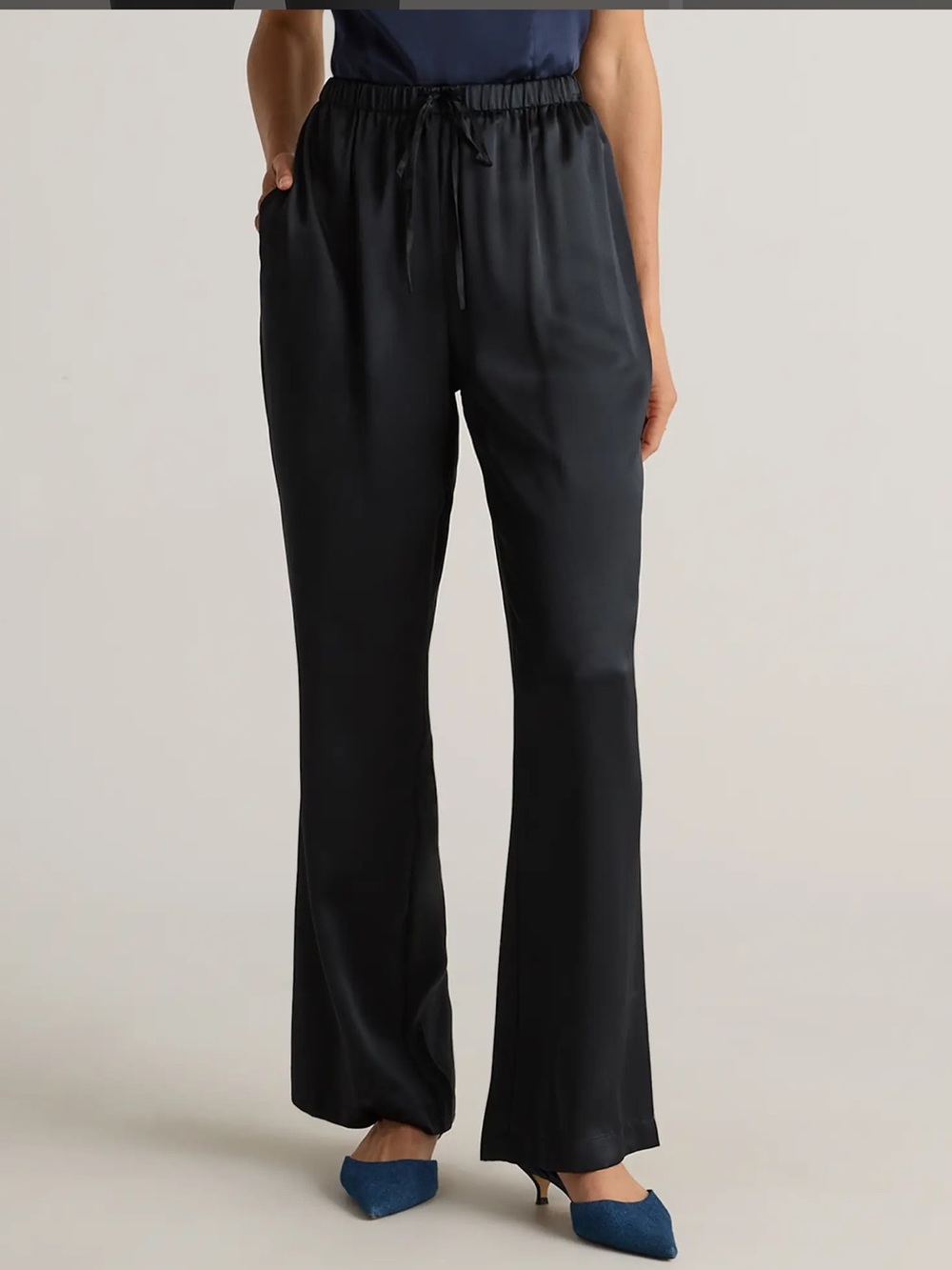 Quince Black Satin Drawstring Wide-Leg Pants